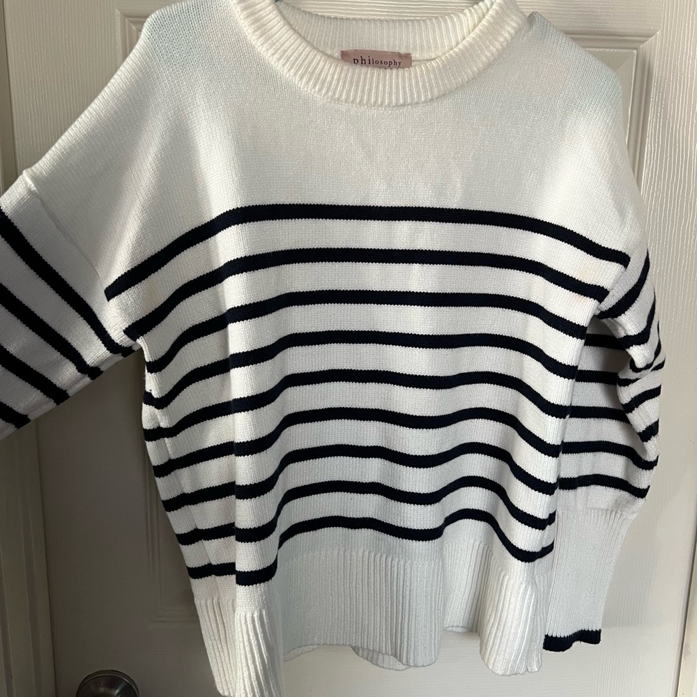 Chin Up Apparel Women's Striped Sweater - White and Navy Blue - Picture 1 of 2